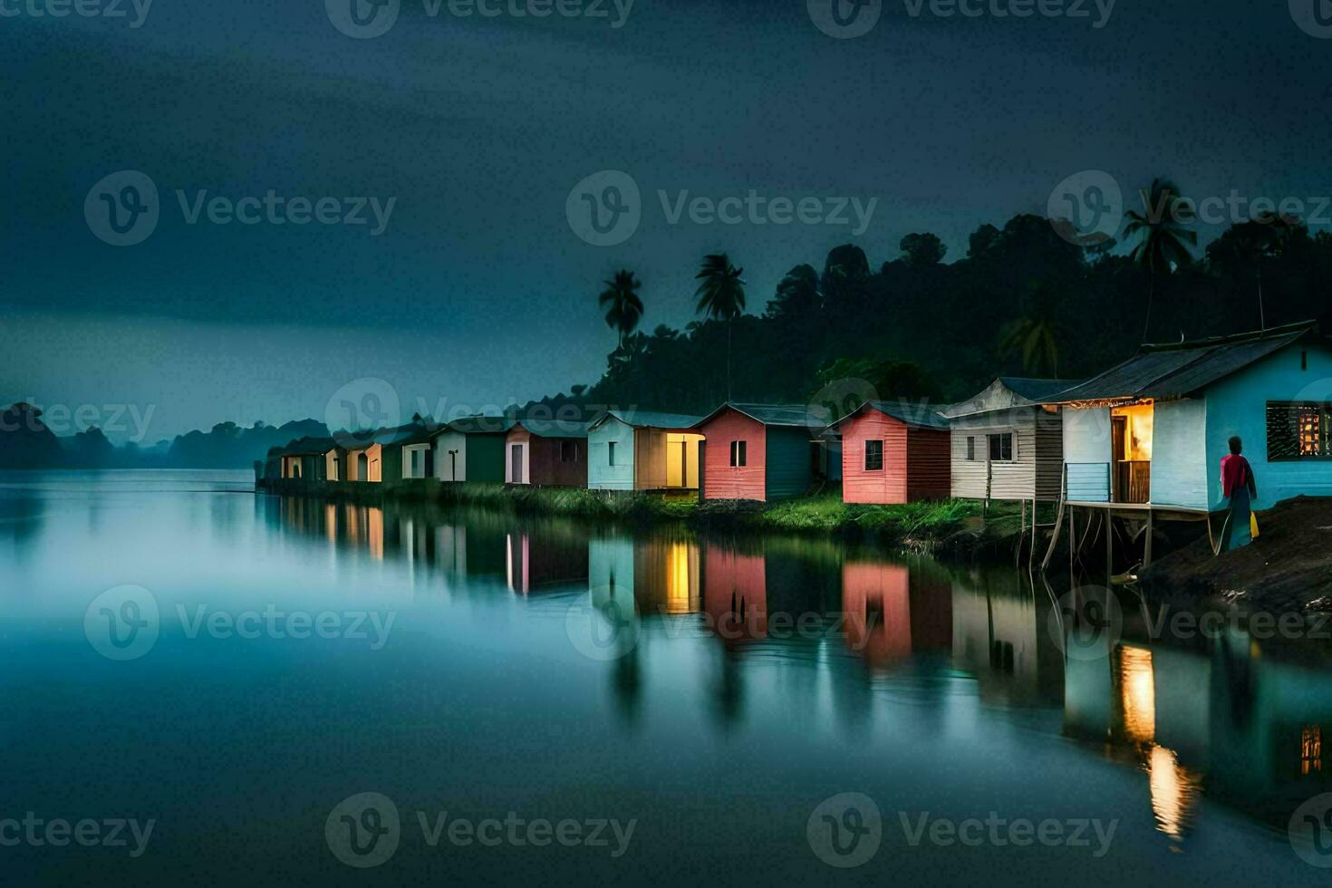 colorful houses on the water at night. AI-Generated photo