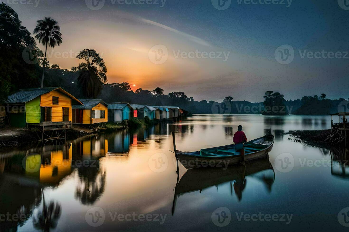 a man in a boat on the river at sunset. AI-Generated photo