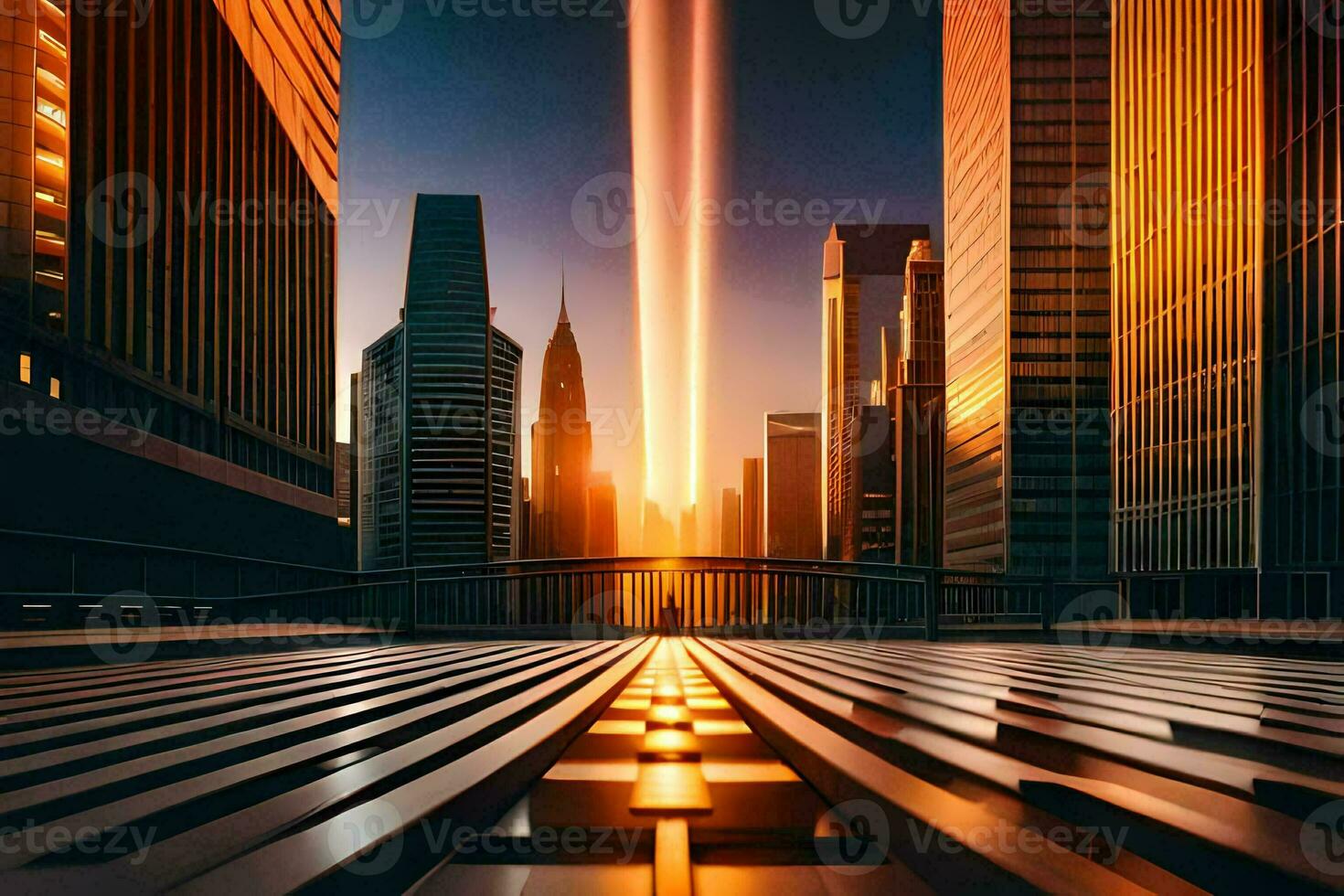 the sun is setting over a city skyline. AI-Generated photo