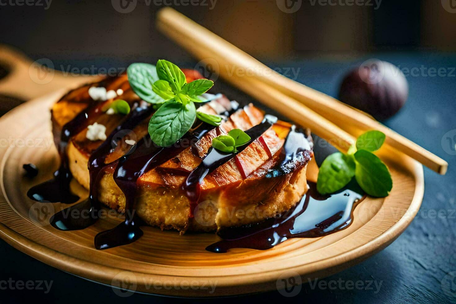 a piece of bread with sauce and mint leaves. AI-Generated photo