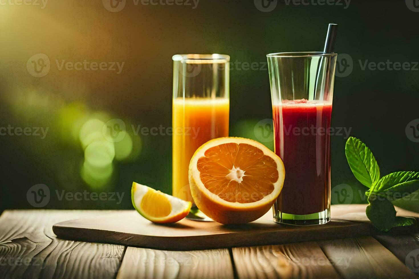 two glasses of juice with oranges and slices. AI-Generated photo