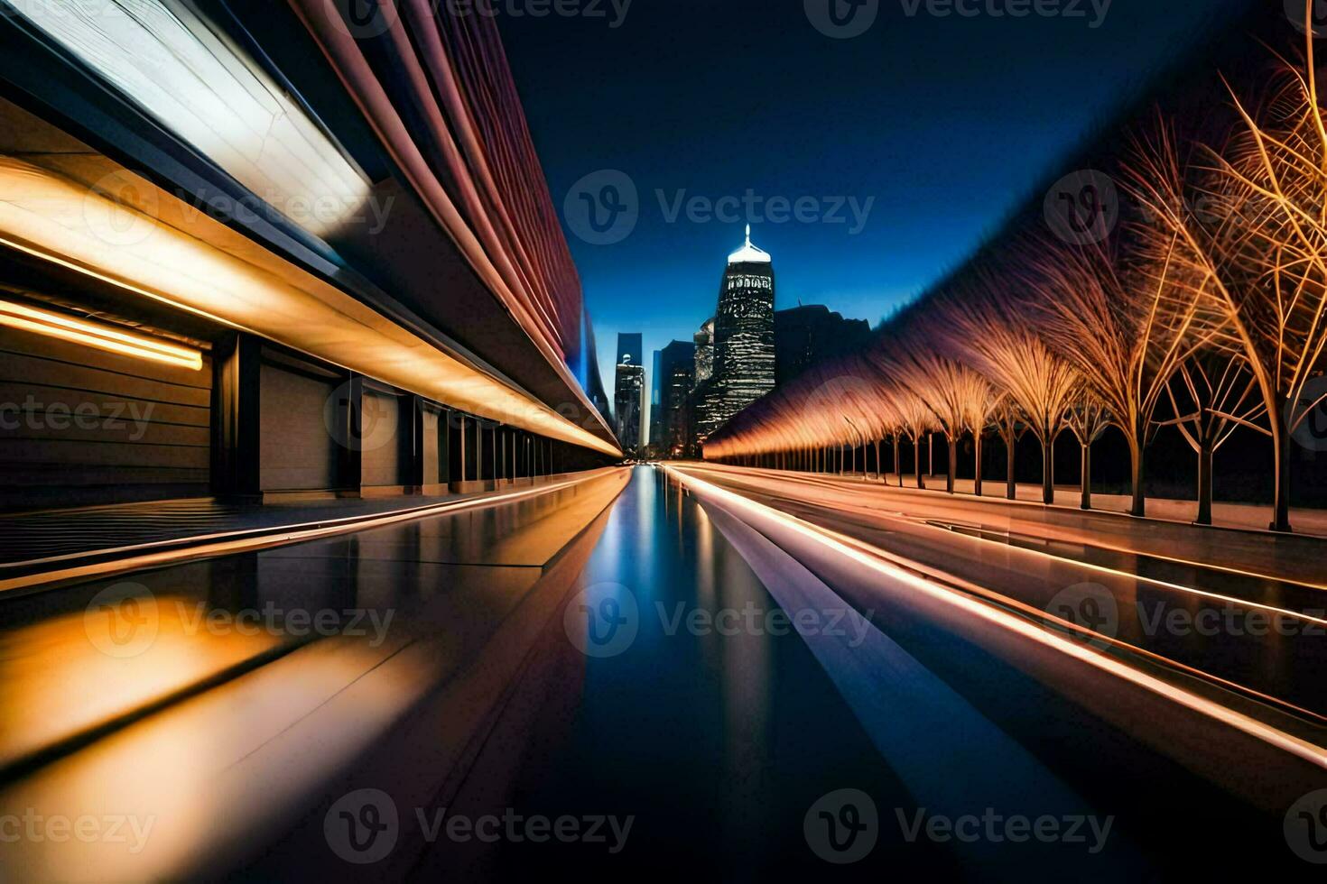 un largo exposición fotografía de un ciudad calle a noche. generado por ai foto
