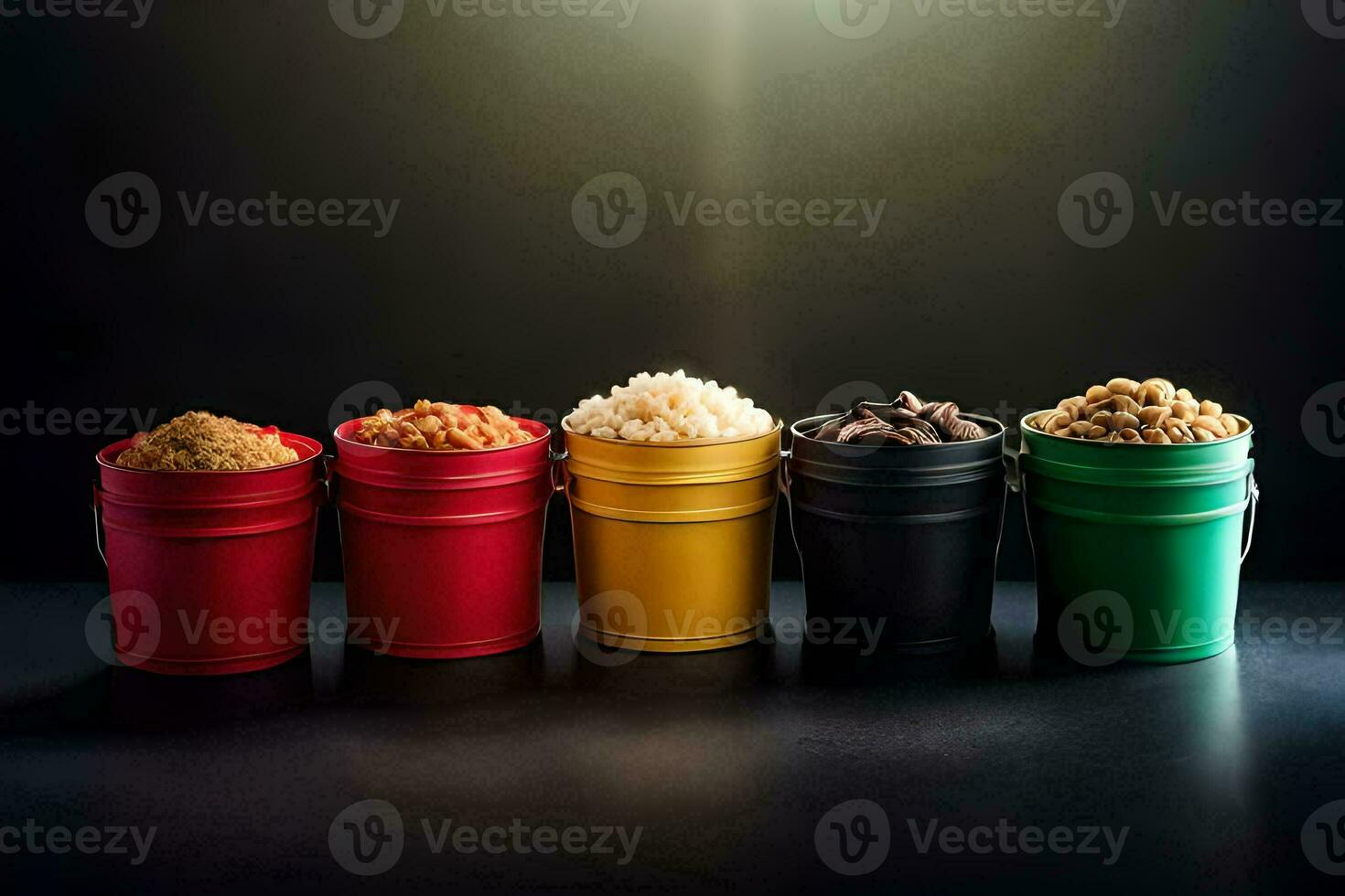 five colorful buckets with different types of food. AI-Generated photo