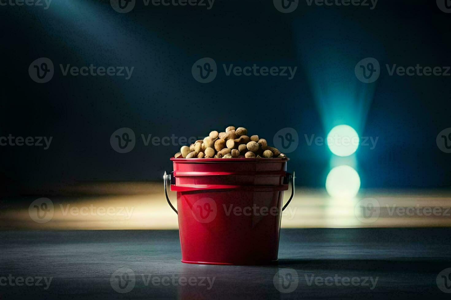 a red bucket filled with peanuts on a table. AI-Generated photo