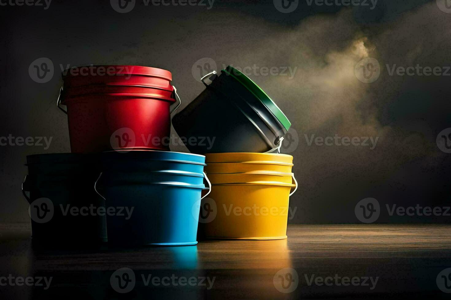 four colorful buckets sitting on a table. AI-Generated photo