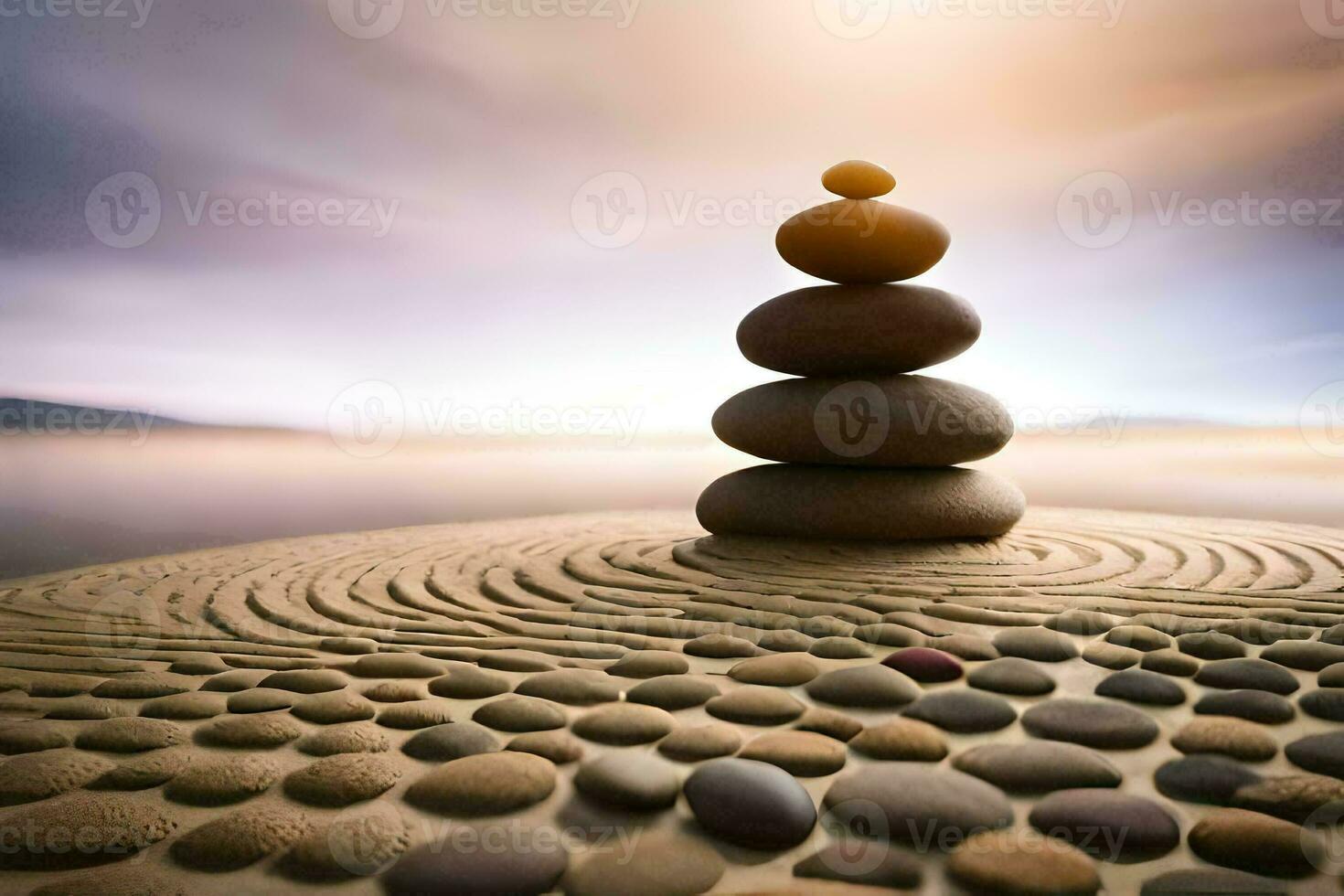 a stack of stones on top of a beach. AI-Generated photo