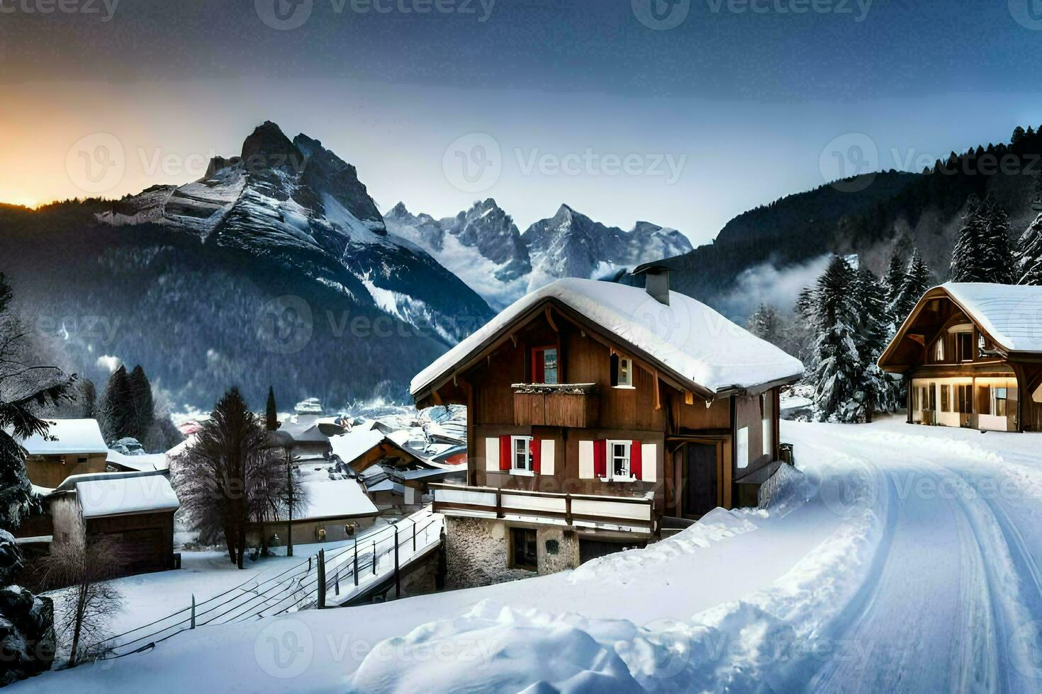 a snowy mountain village with houses and a road. AI-Generated photo