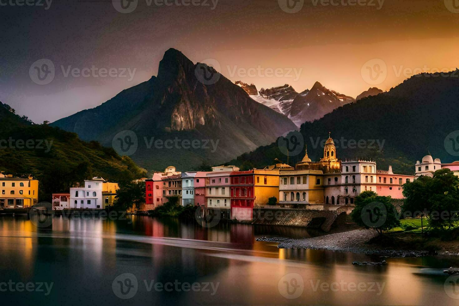 vistoso edificios en el montañas a puesta de sol. generado por ai foto