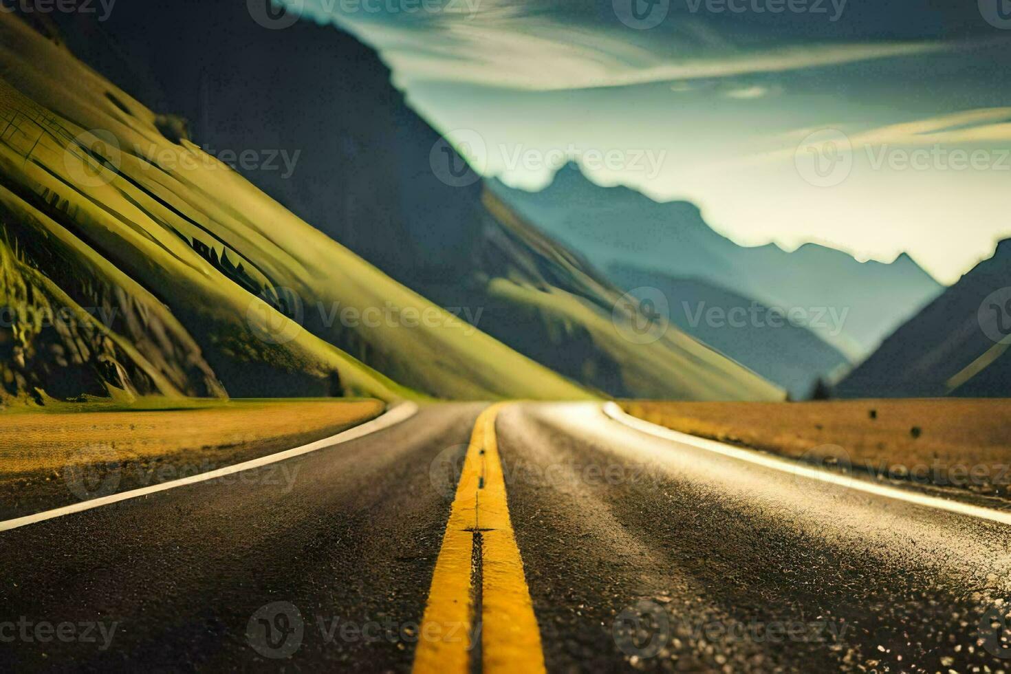 a long empty road in the mountains. AI-Generated photo