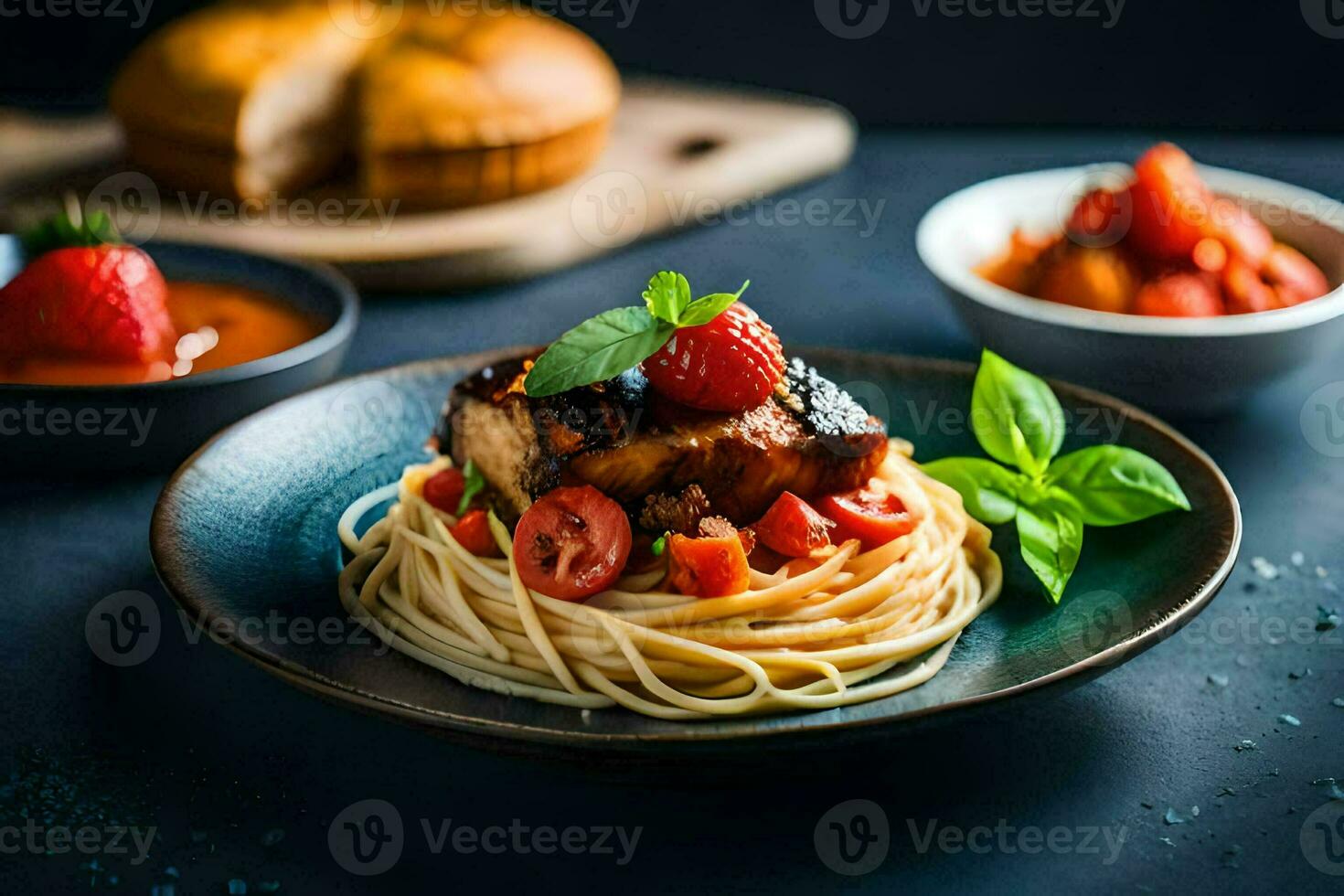 a plate of spaghetti with meat and tomatoes. AI-Generated photo