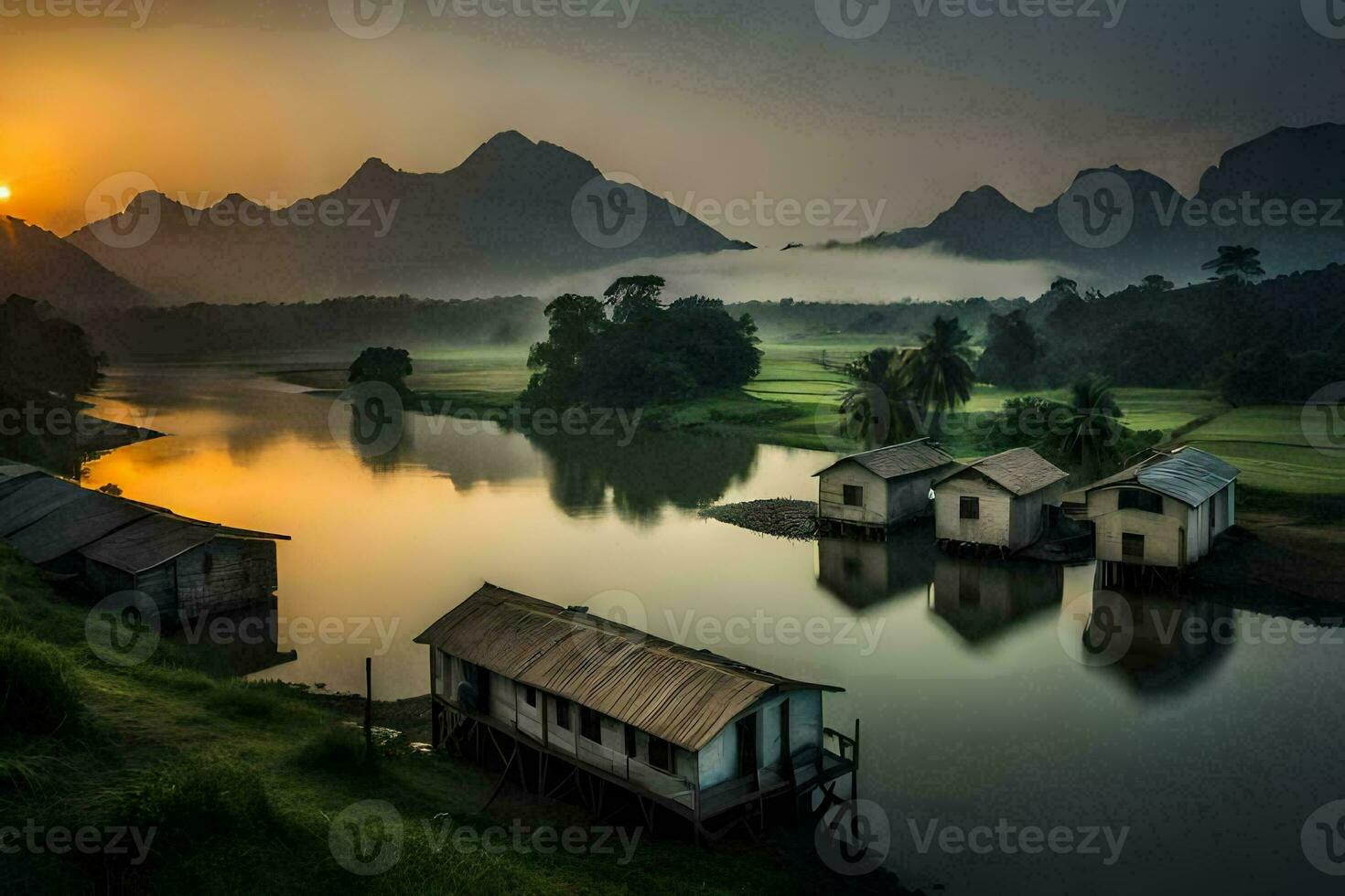 the sun rises over a river and some houses. AI-Generated photo