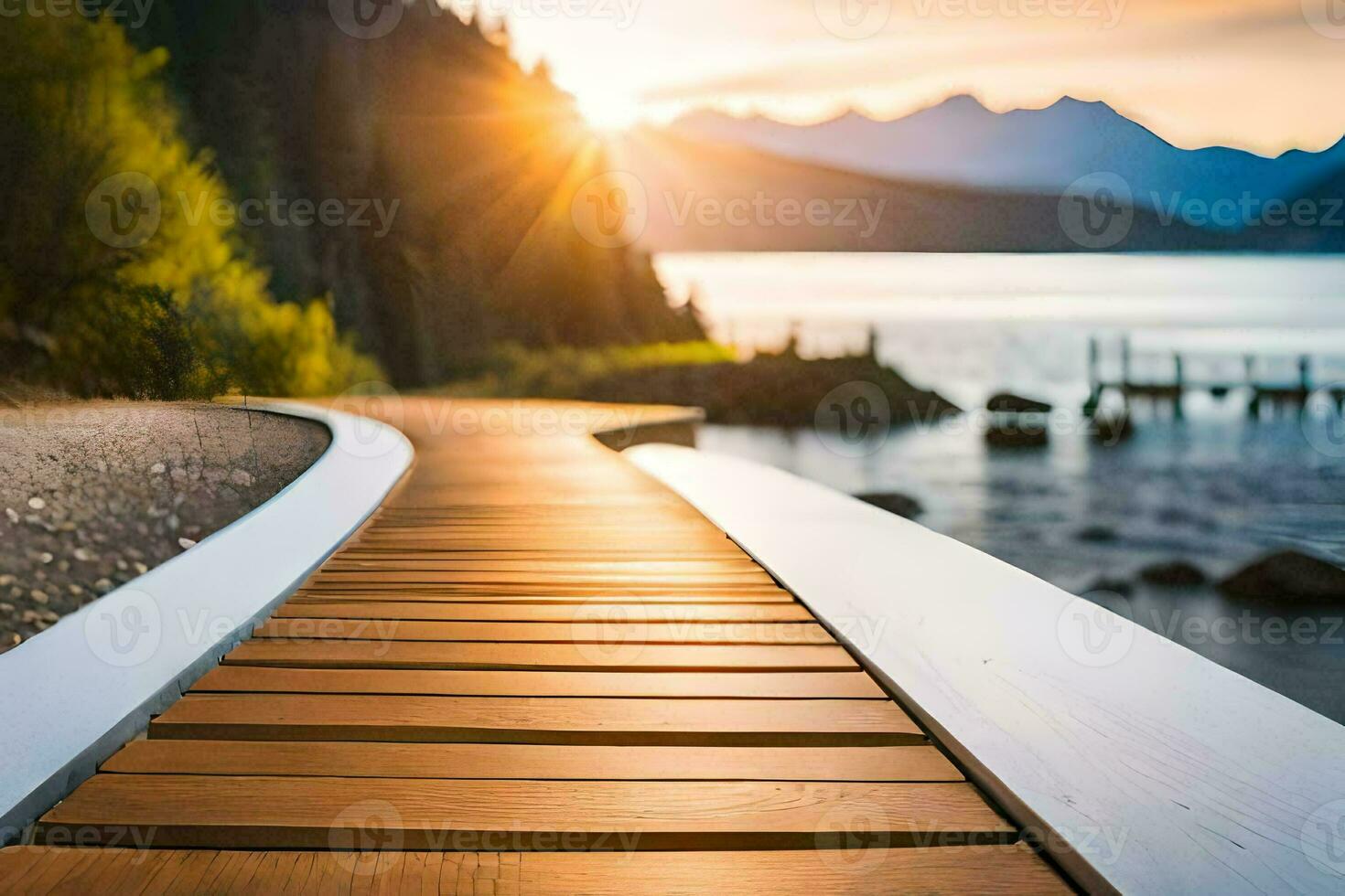 a wooden walkway leads to a lake and mountains. AI-Generated photo