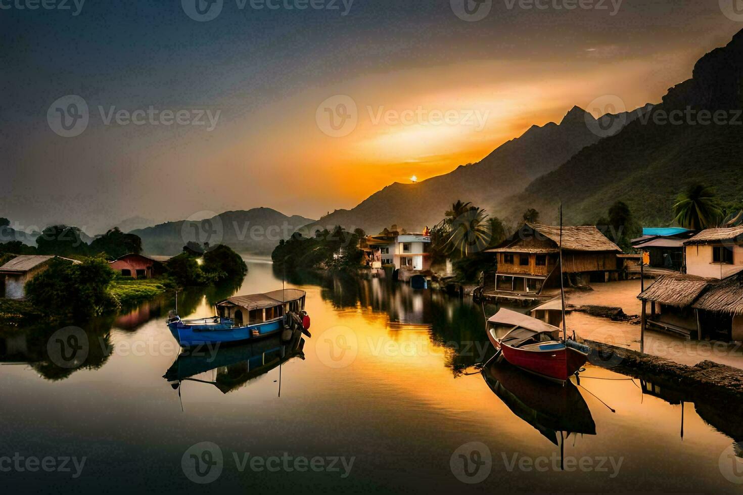 boats are docked in the water at sunset. AI-Generated photo