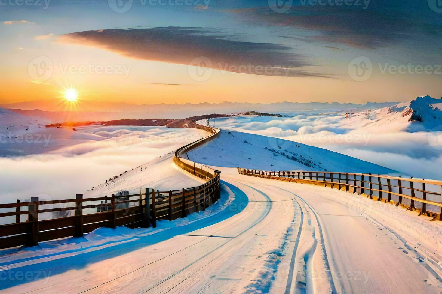 a snowy road in the mountains with a sun setting. AI-Generated photo