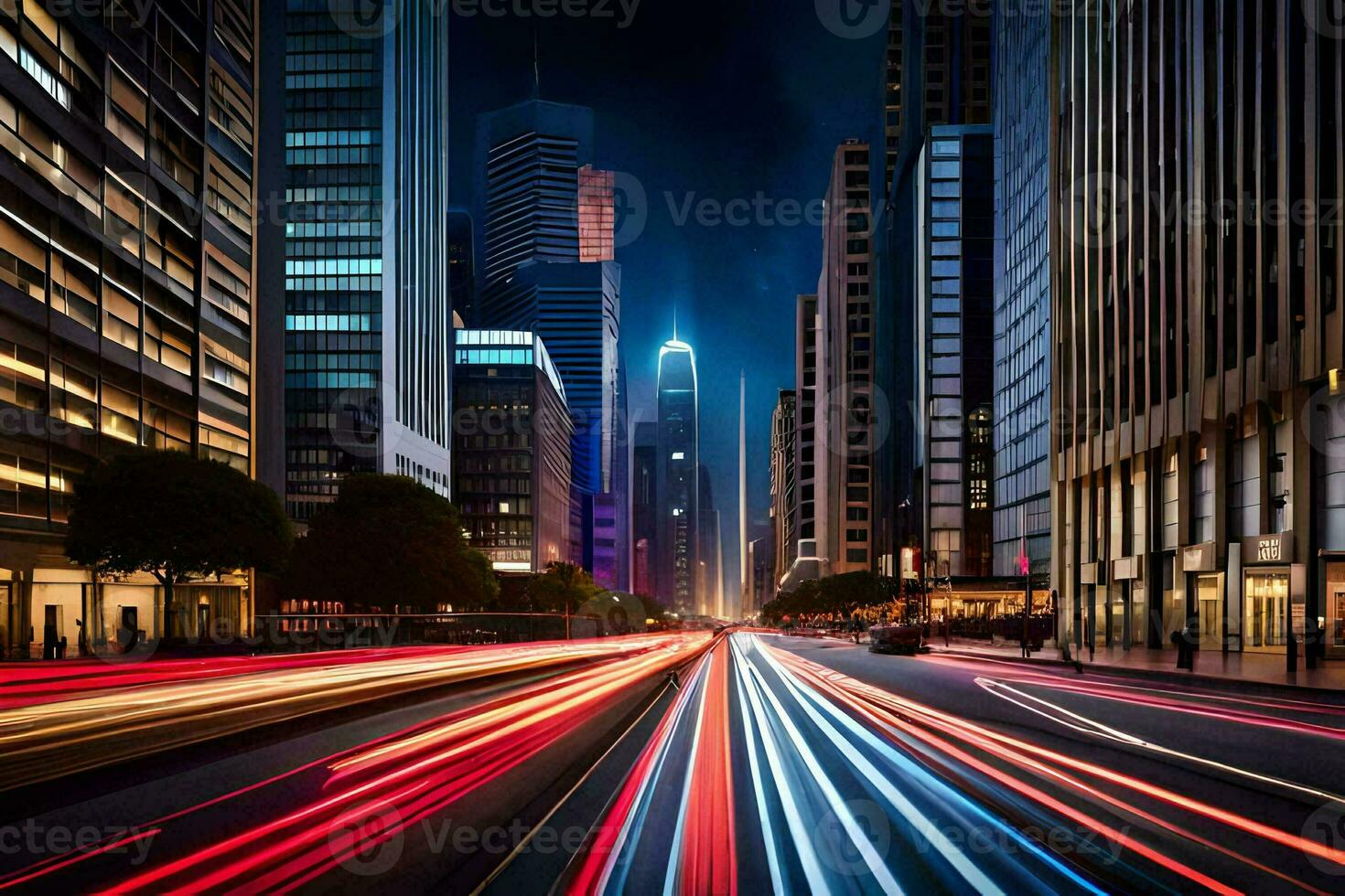 a city street at night with light trails. AI-Generated photo