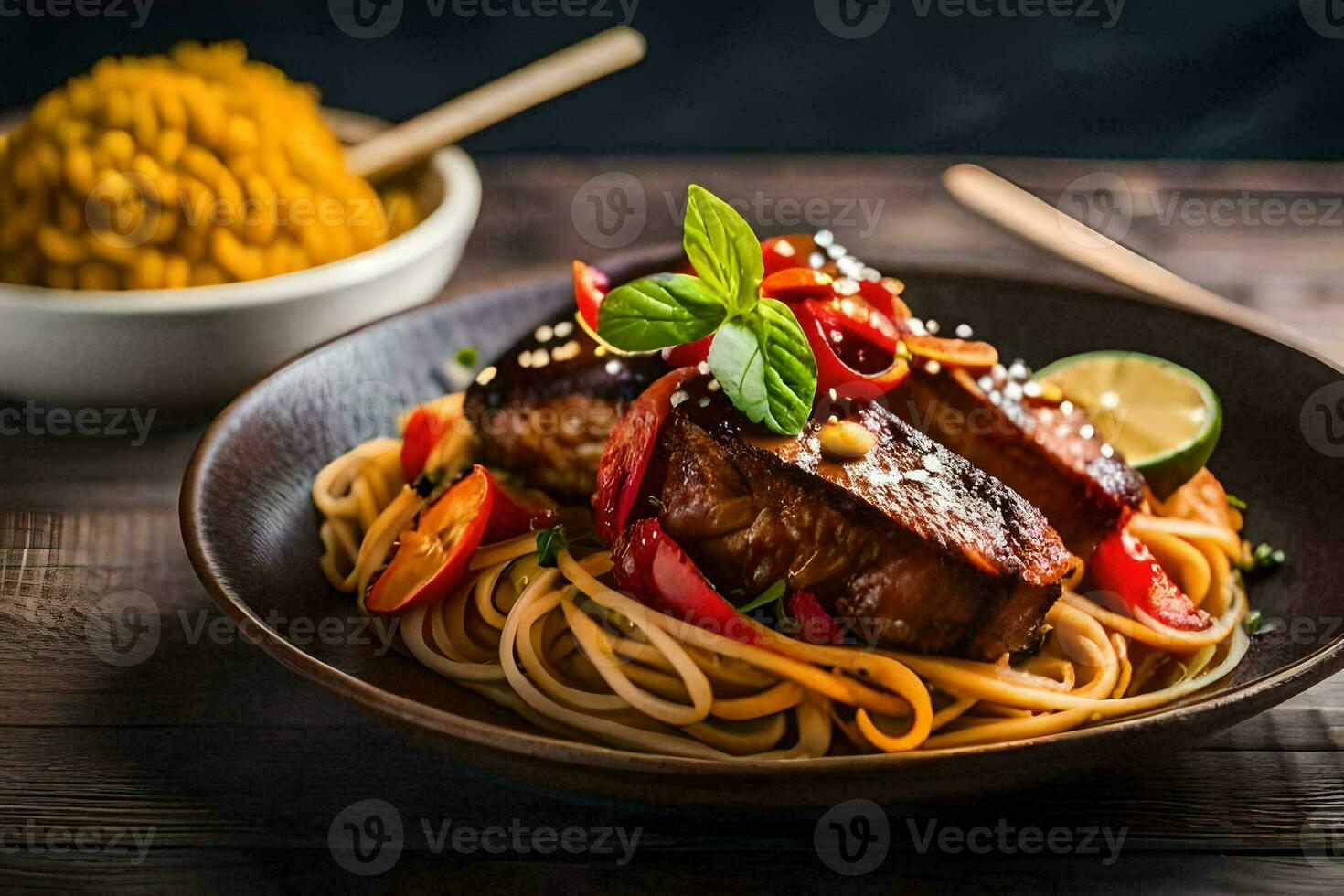 a plate of spaghetti with meat and vegetables. AI-Generated photo