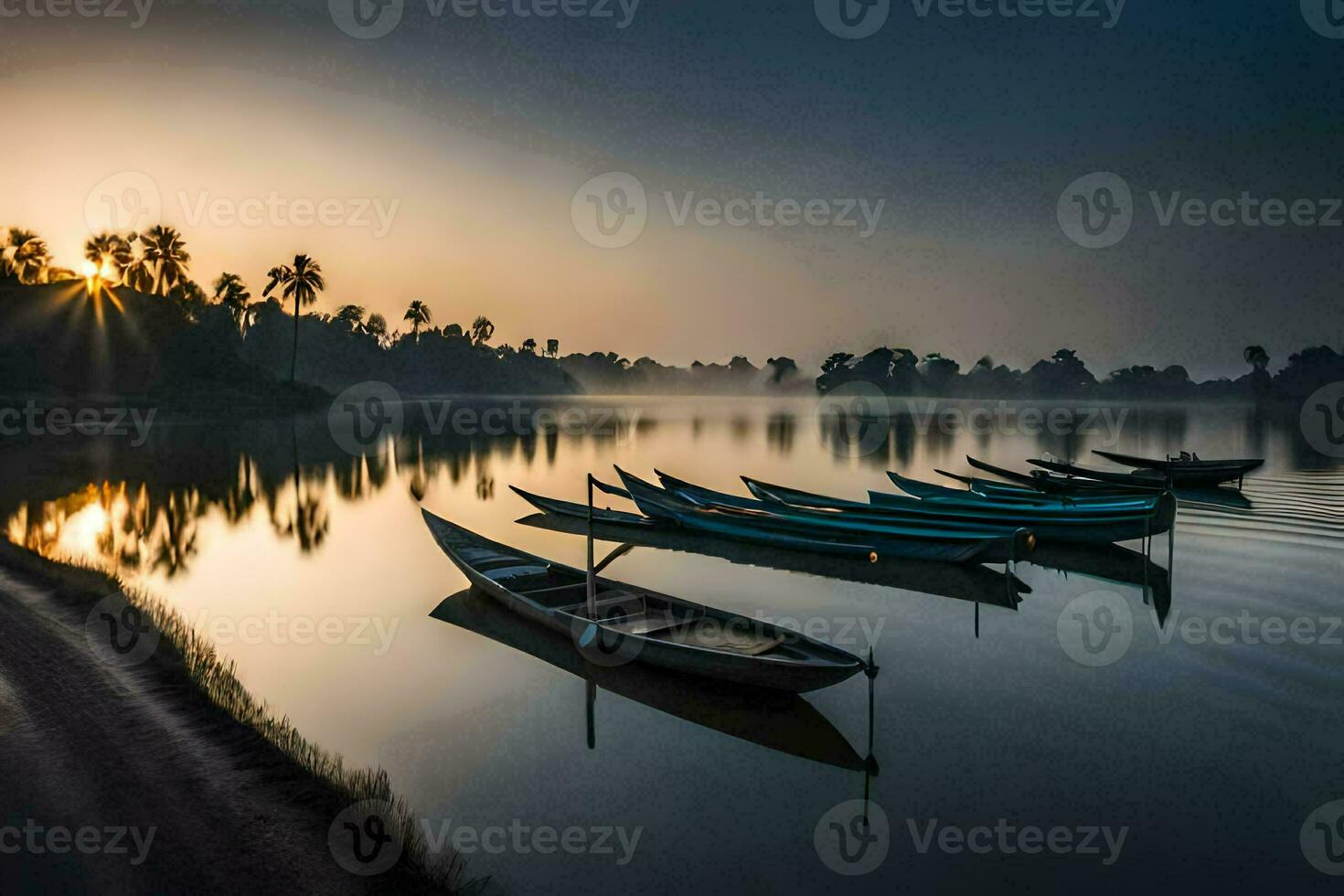 boats on the river at sunrise. AI-Generated photo