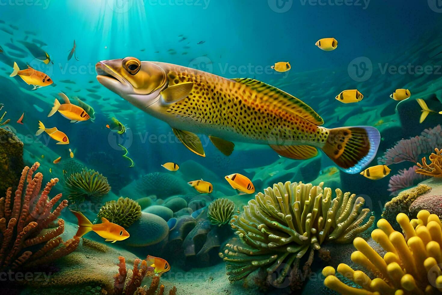 an underwater scene with fish and corals. AI-Generated photo