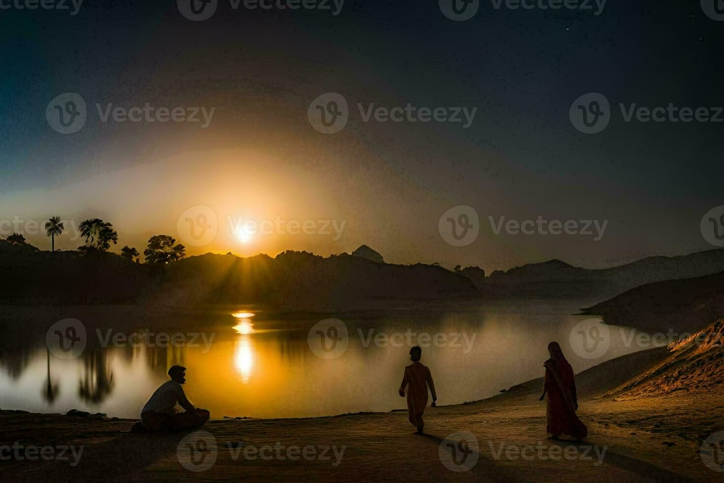 three people stand on the shore of a lake at sunset. AI-Generated photo