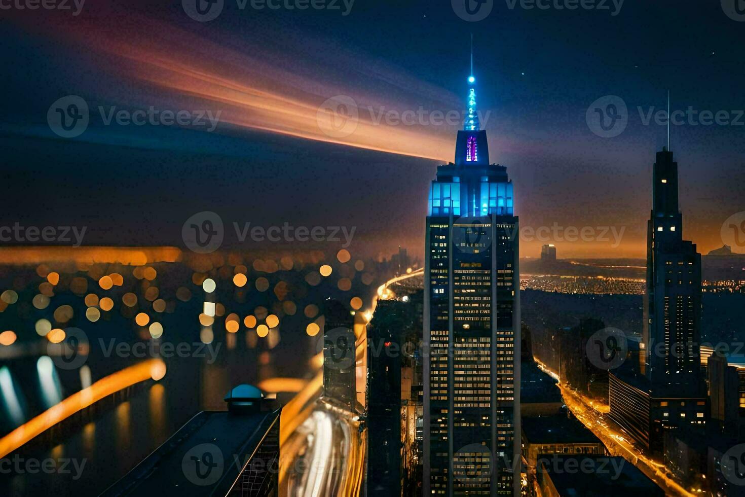 the empire state building is lit up in blue and purple. AI-Generated photo