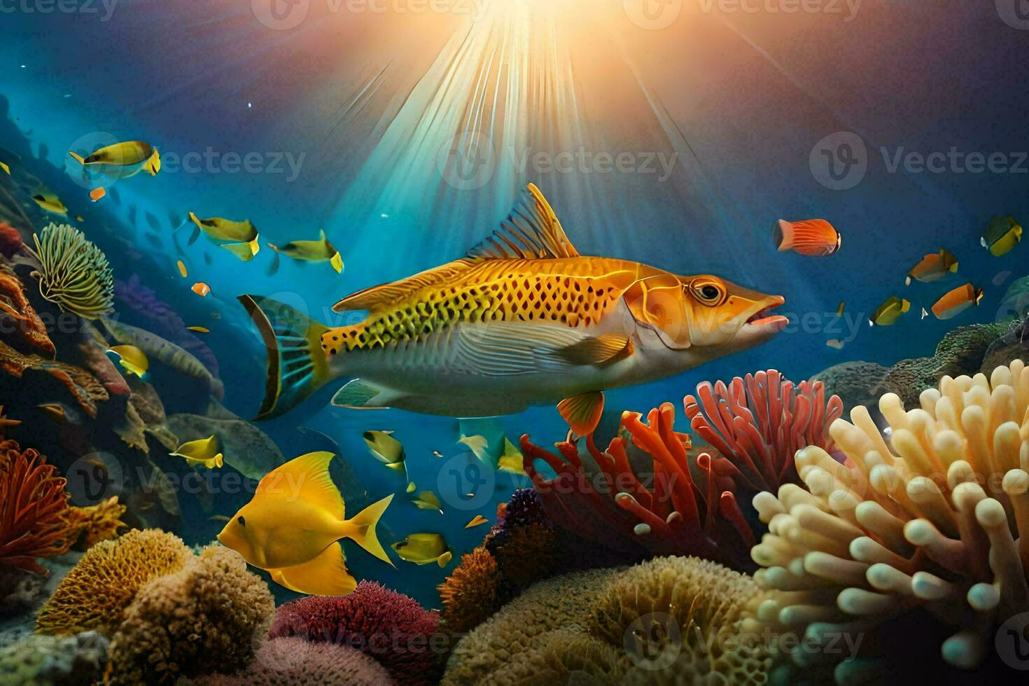 fish swimming in the ocean with coral reefs and other fish. AI-Generated photo