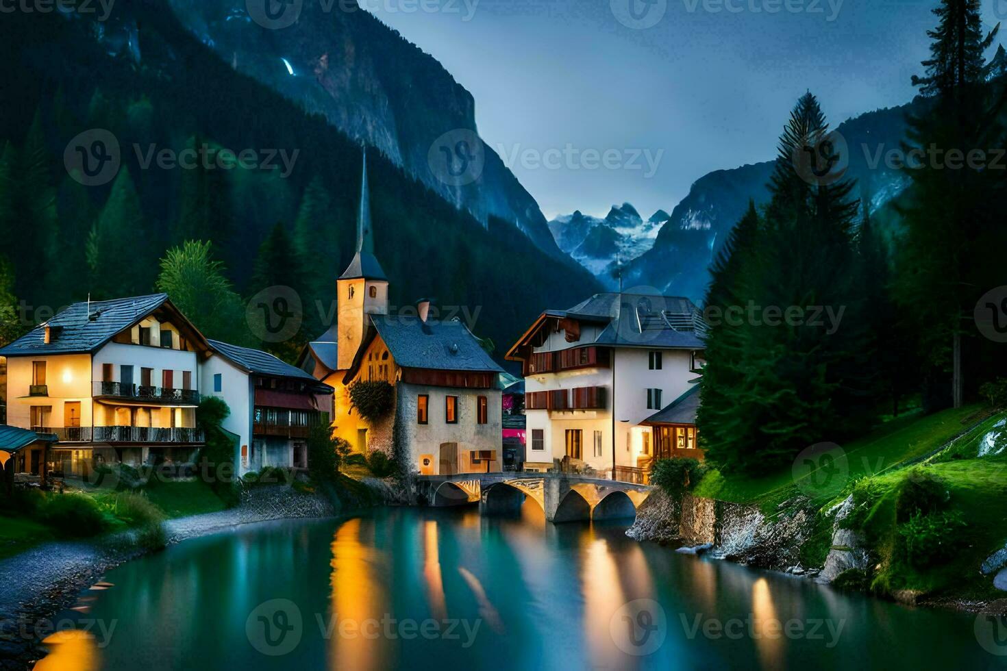 photo wallpaper the sky, mountains, trees, water, houses, river, mountains, village,. AI-Generated
