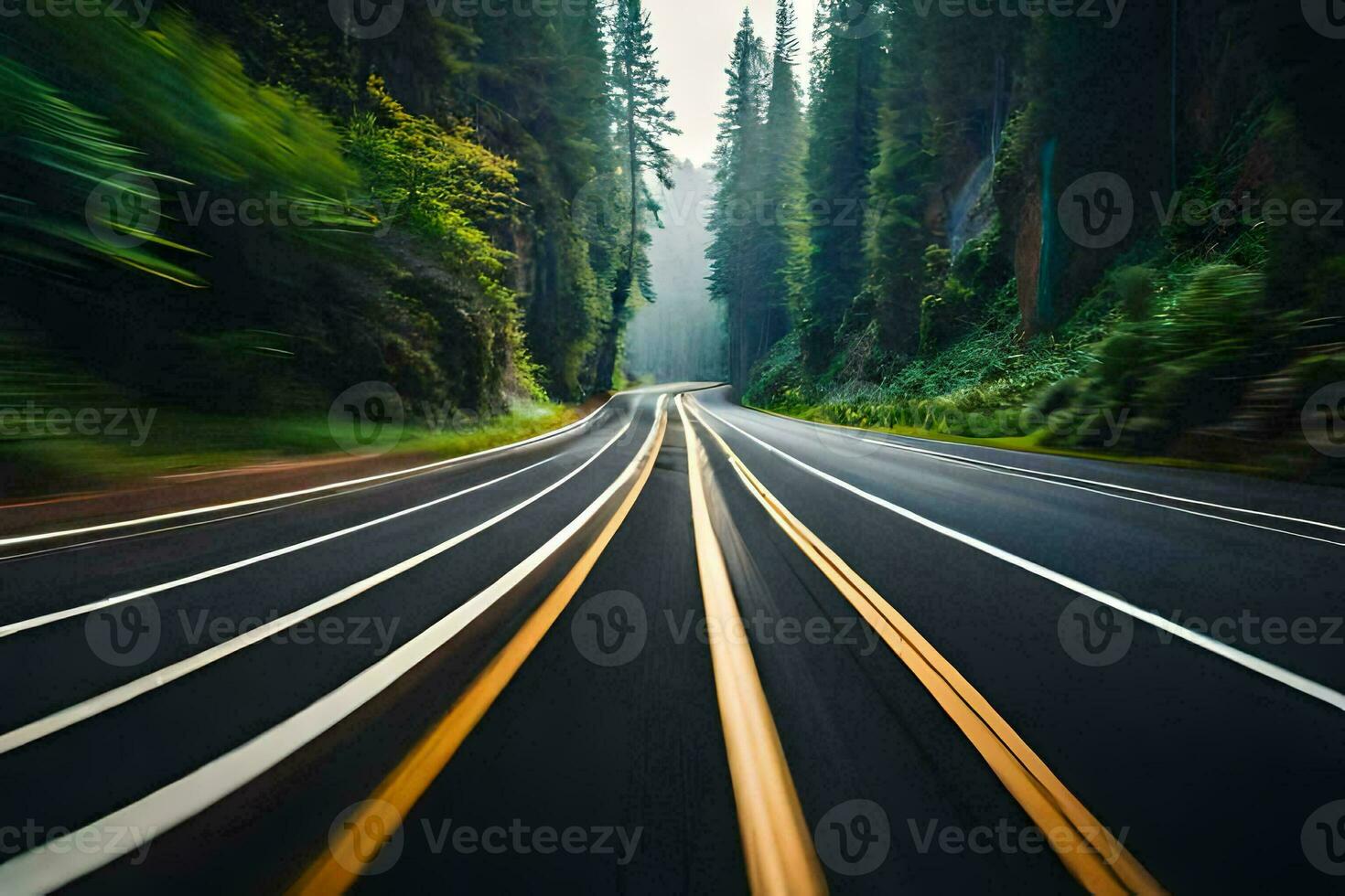 a blurry image of a road in the woods. AI-Generated photo