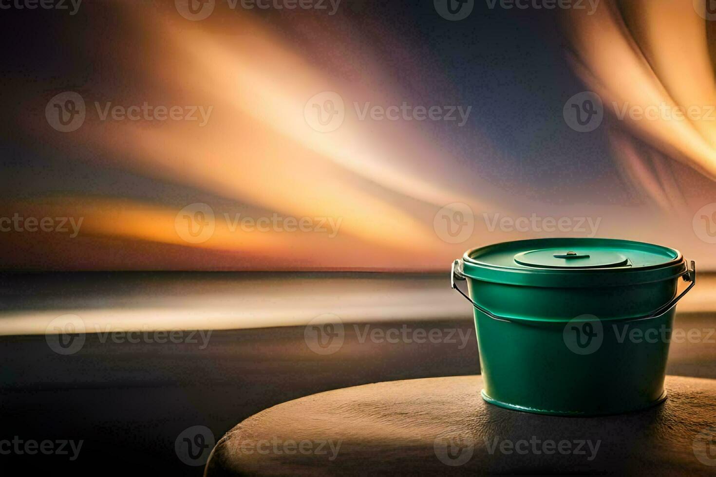 a green bucket sitting on a table in front of the ocean. AI-Generated photo