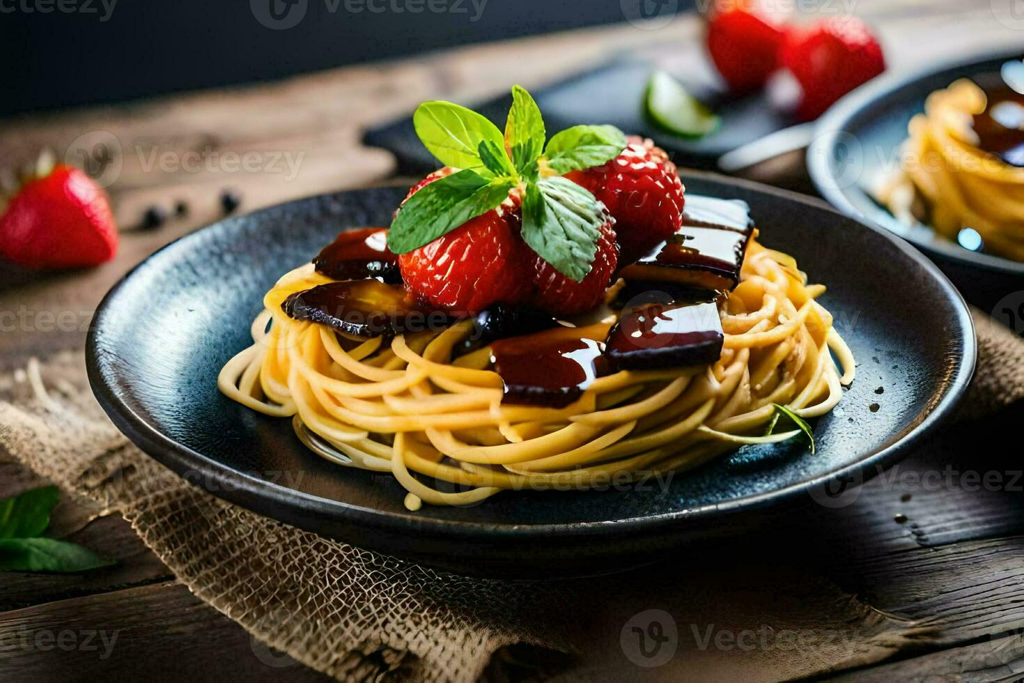 spaghetti with eggplant and strawberries on a black plate. AI-Generated photo