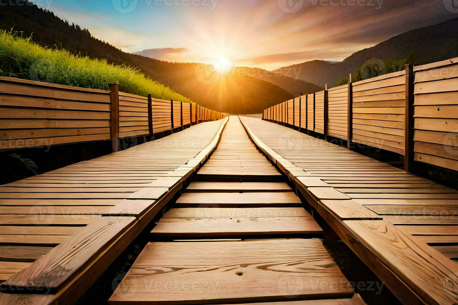 a wooden bridge with the sun setting behind it. AI-Generated photo