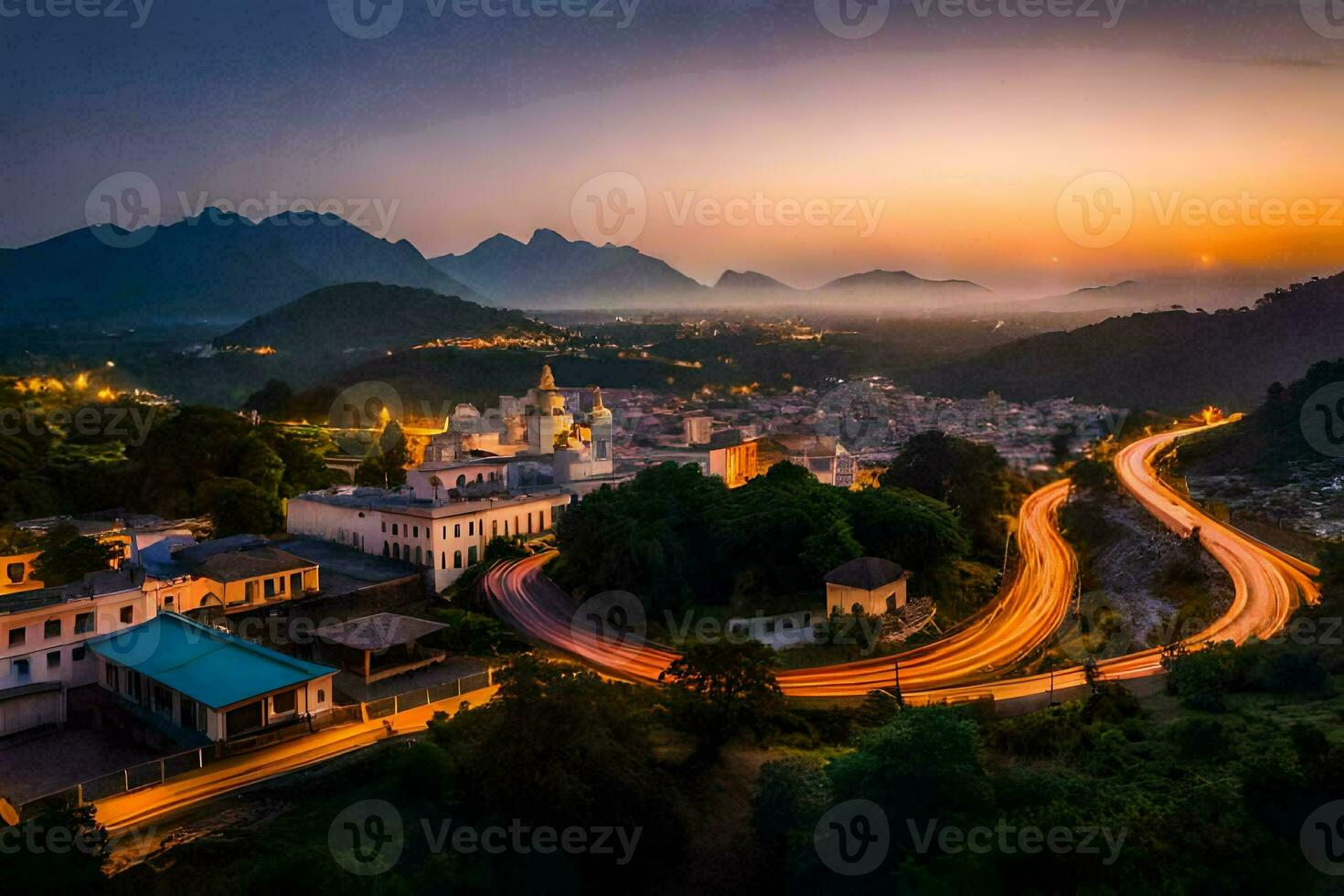 a city at dusk with a winding road and mountains in the background. AI-Generated photo