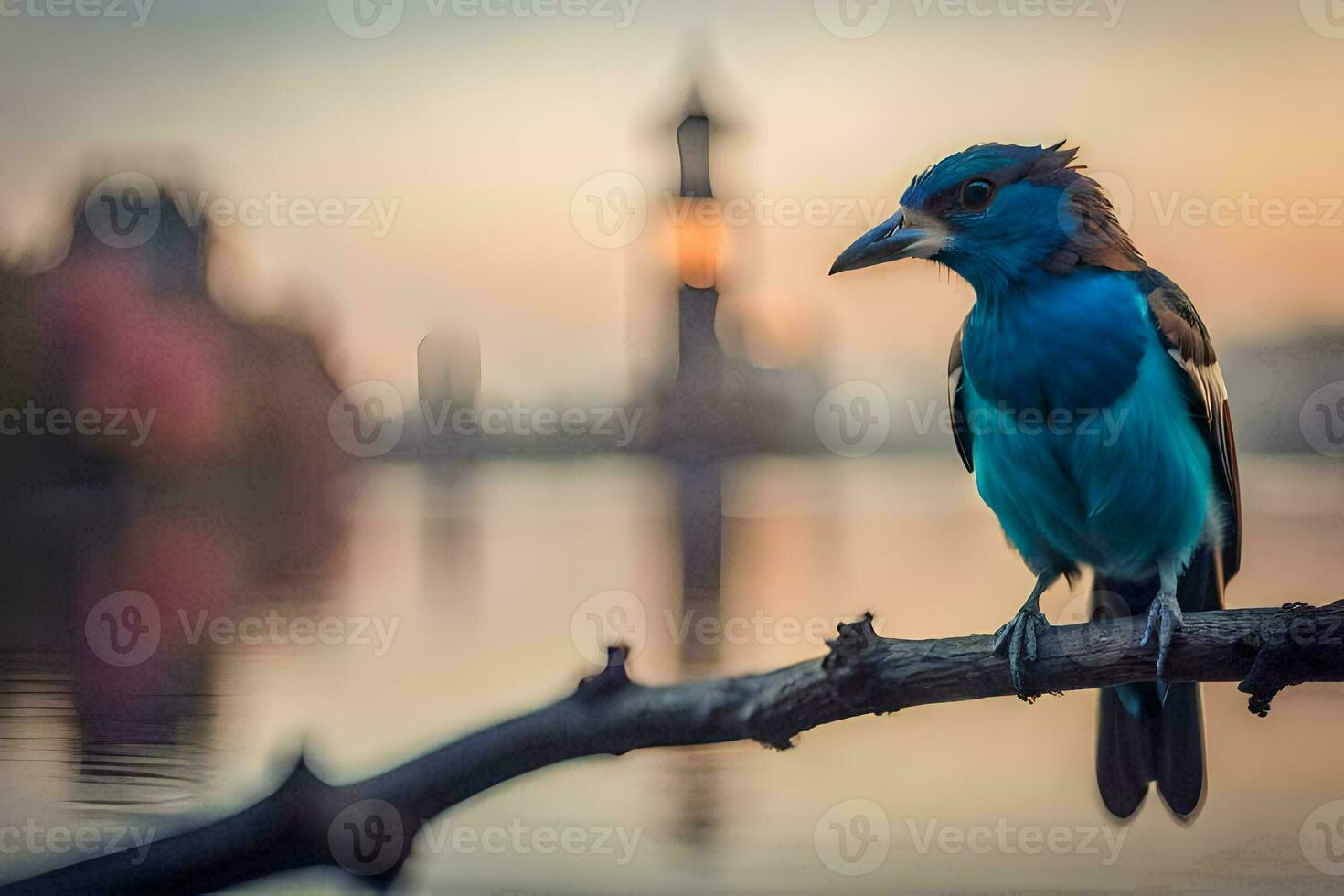 a blue bird sits on a branch near a lake. AI-Generated photo