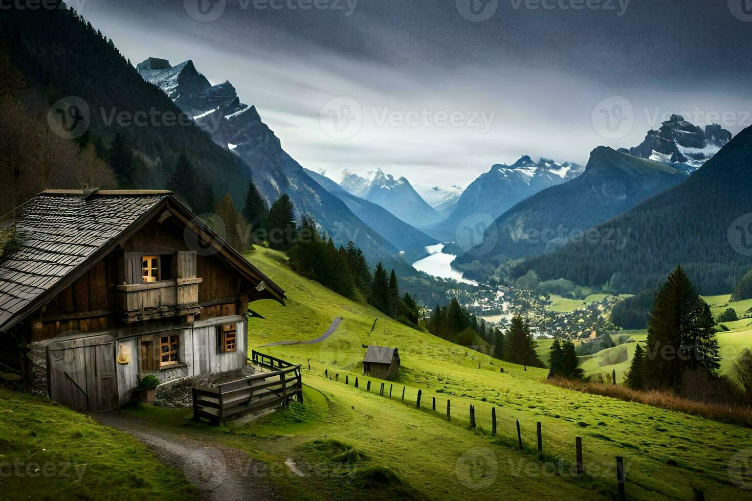 the house in the mountains. AI-Generated photo
