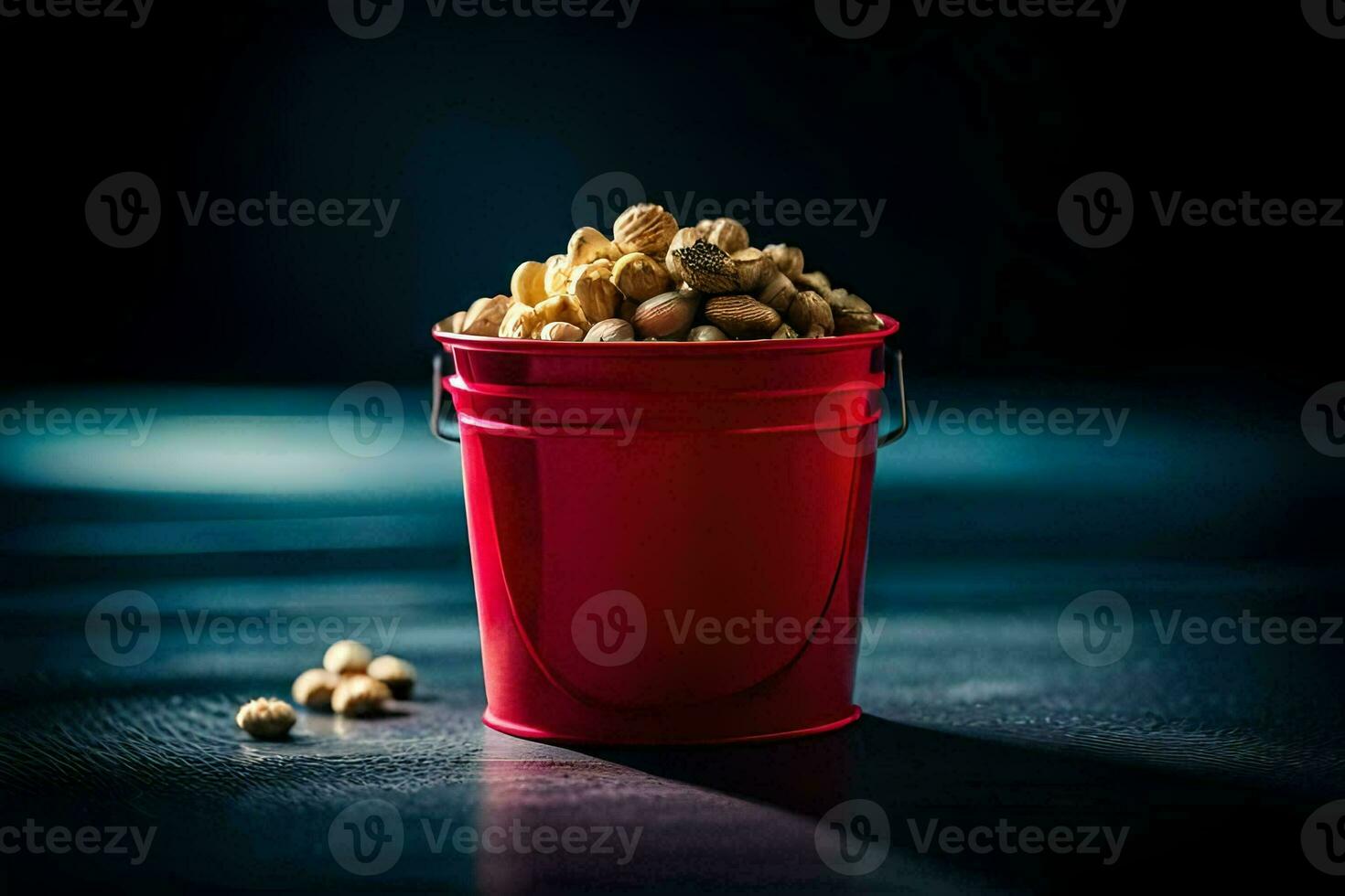 a red bucket filled with peanuts on a dark table. AI-Generated photo