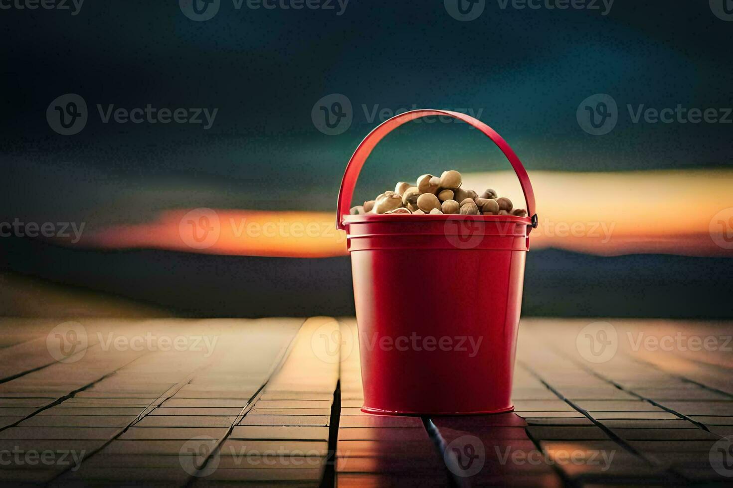 a red bucket filled with peanuts on a wooden floor. AI-Generated photo