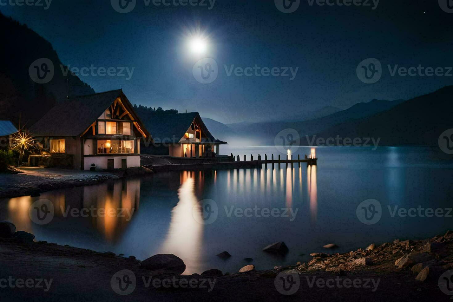 photo wallpaper the moon, lake, moon, lake house, moonlight, lake house, moon. AI-Generated
