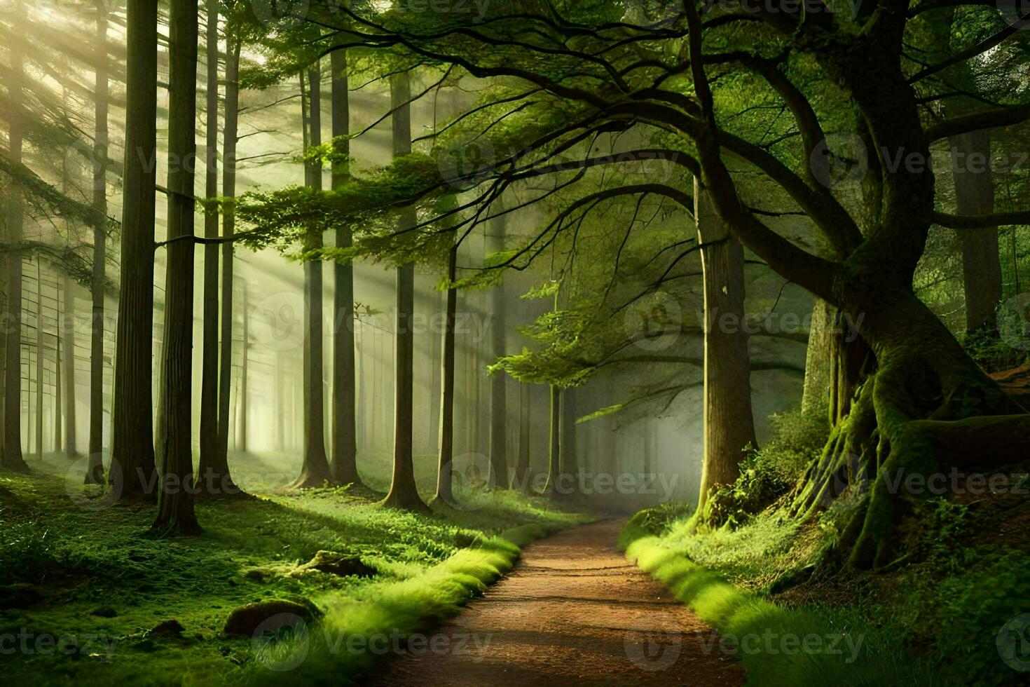 a path through a forest with trees and grass. AI-Generated photo