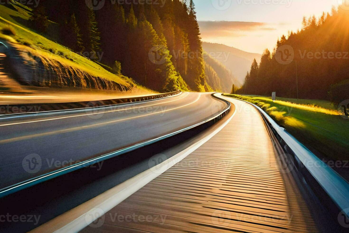 a car driving on a highway at sunset. AI-Generated photo