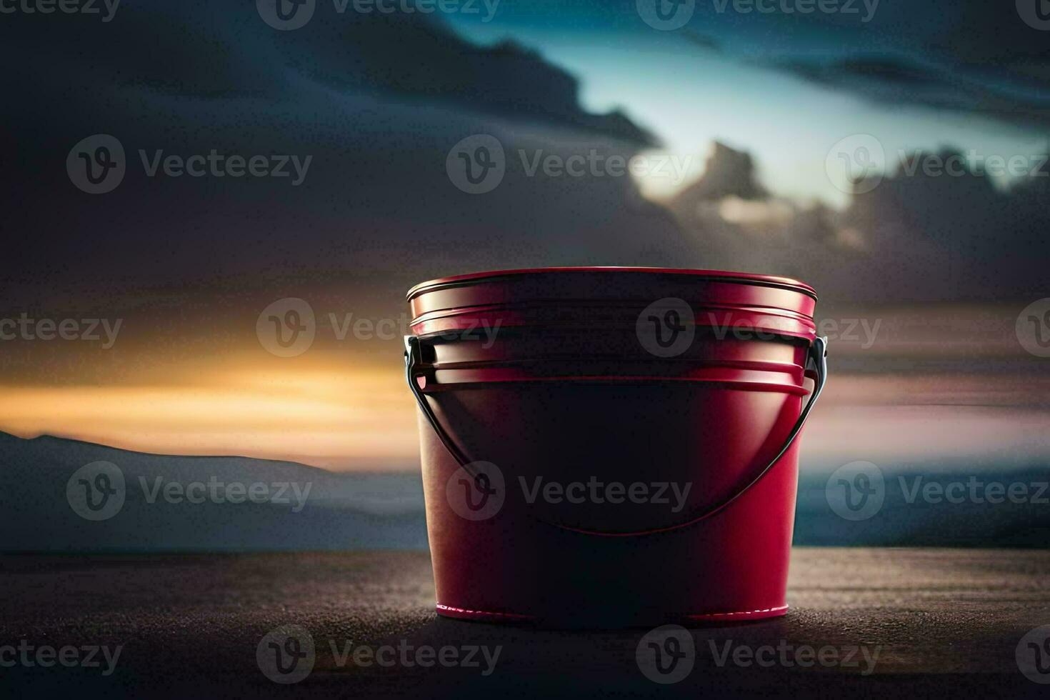 a red bucket sitting on a table with a sunset in the background. AI-Generated photo