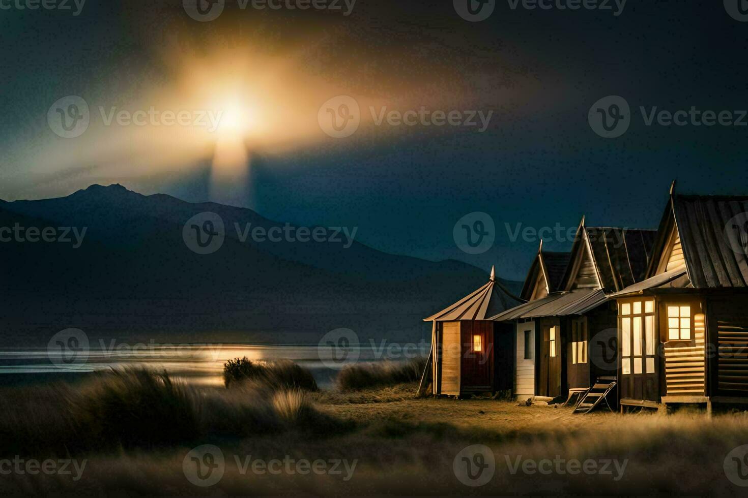 the moon shines brightly over a row of wooden cabins. AI-Generated photo