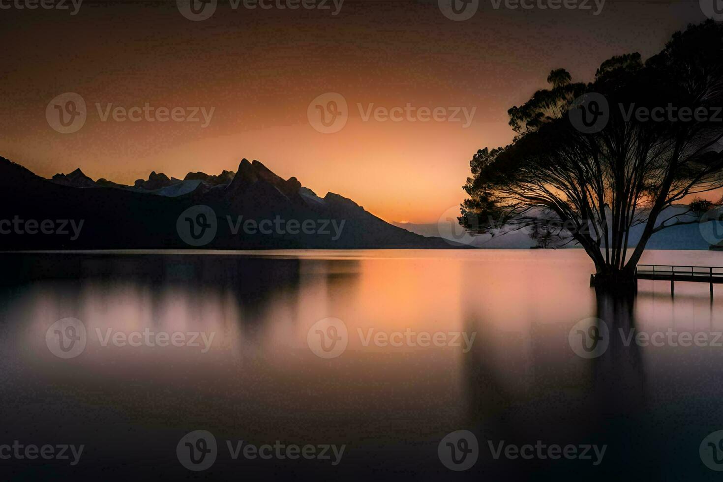 a tree stands on the shore of a lake at sunset. AI-Generated photo