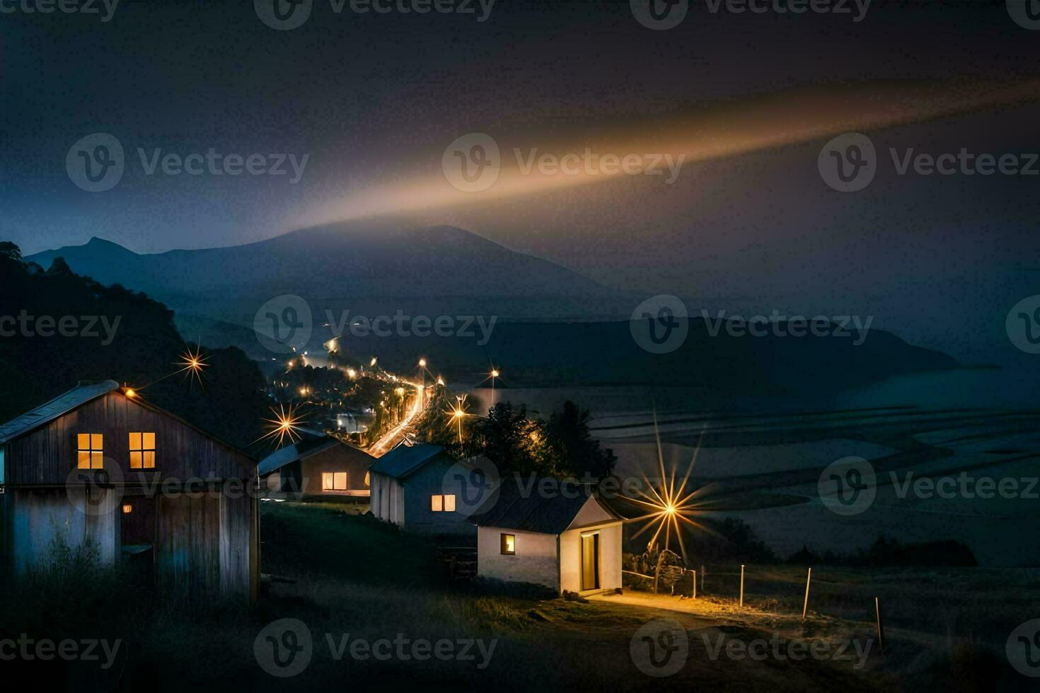 a small village at night with lights shining on the houses. AI-Generated photo