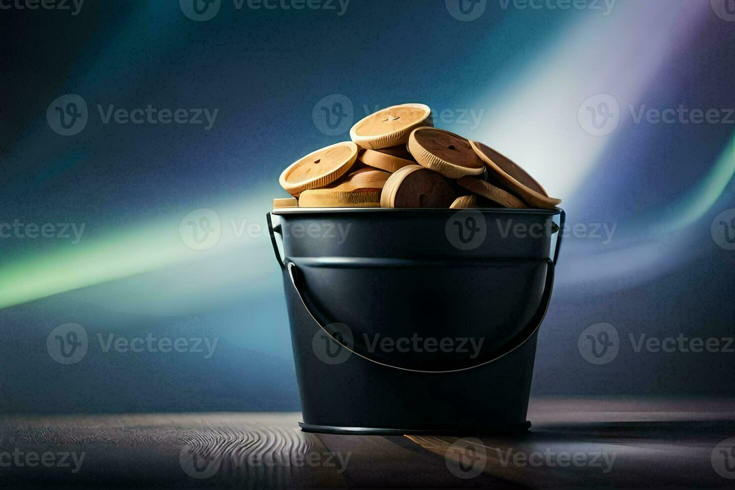 a bucket filled with cookies on a wooden table. AI-Generated photo