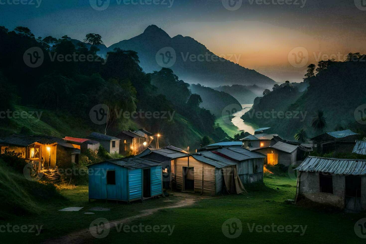 a small village in the mountains at dusk. AI-Generated photo