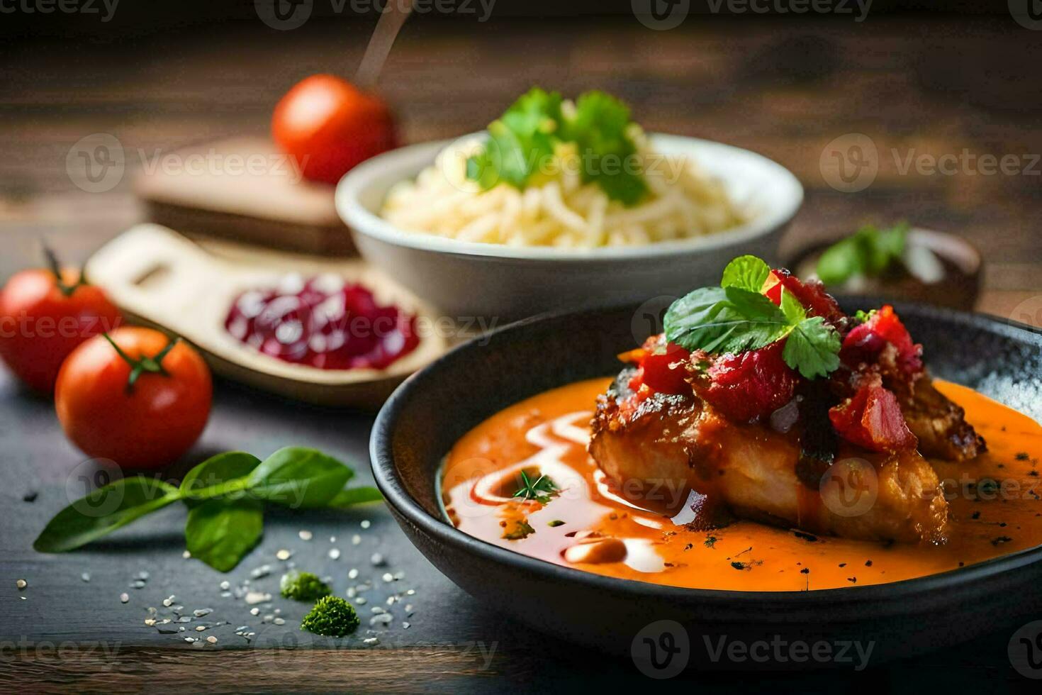 chicken breast with tomato sauce and rice in a bowl. AI-Generated photo