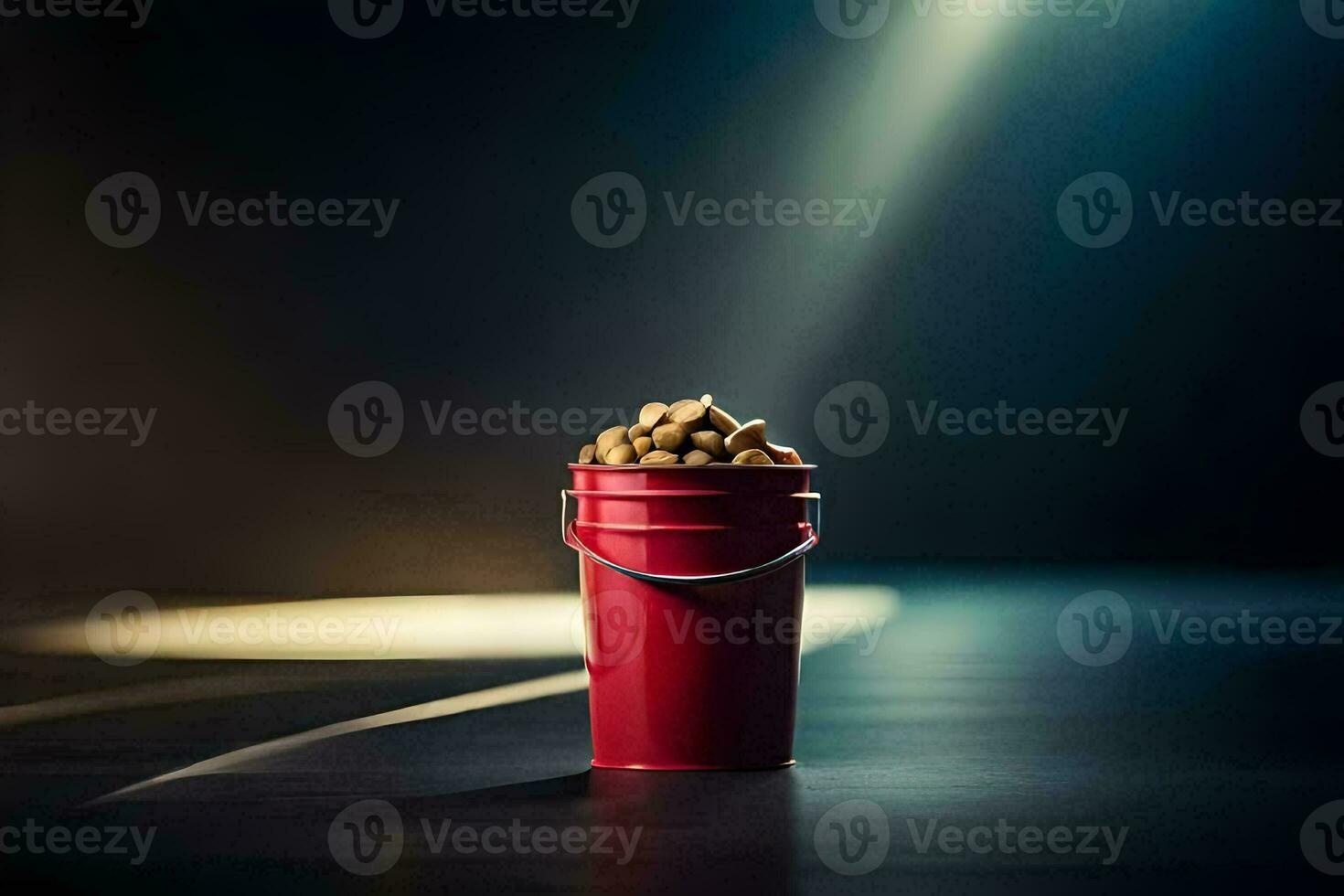 a red bucket filled with peanuts on a dark floor. AI-Generated photo