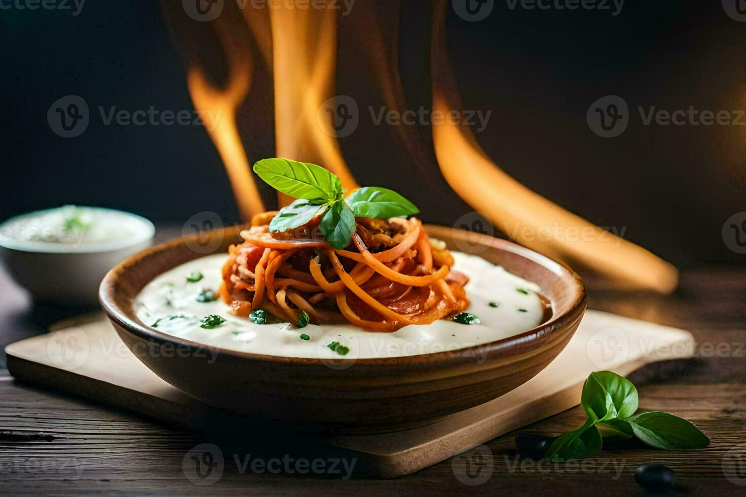 spaghetti with sauce and cheese in a bowl. AI-Generated photo