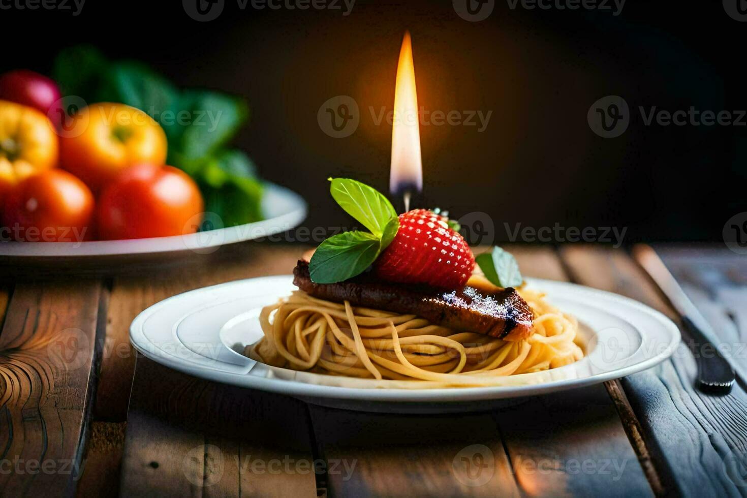 a plate with spaghetti and a candle on it. AI-Generated photo