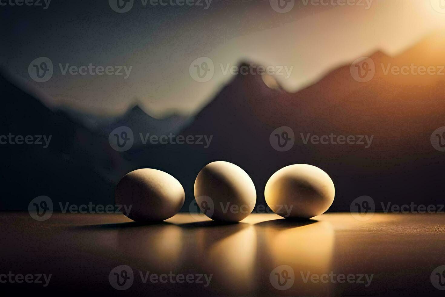 three eggs are sitting on a table in front of a mountain. AI-Generated photo