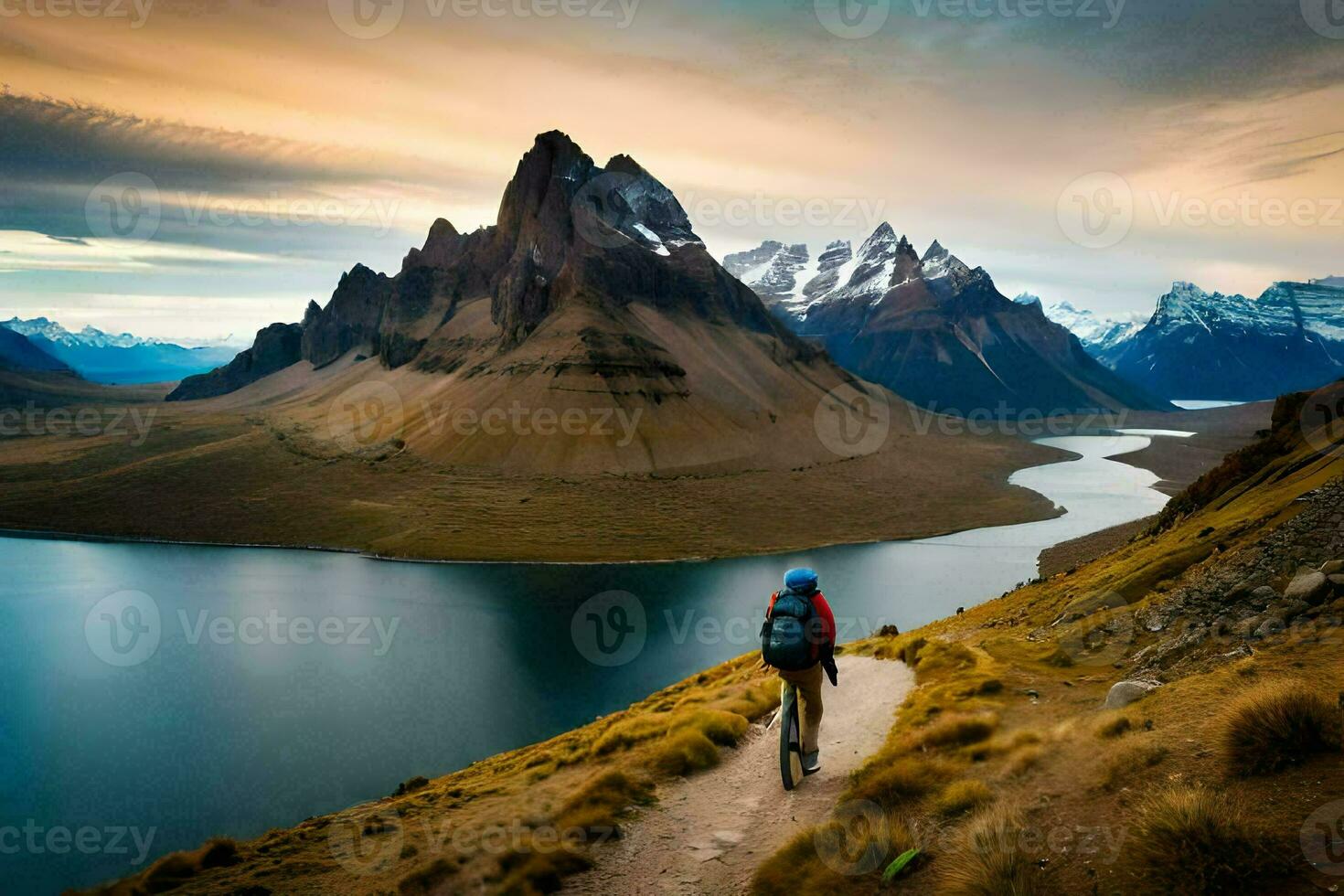 el hombre es caminando en el camino en el montañas. generado por ai foto